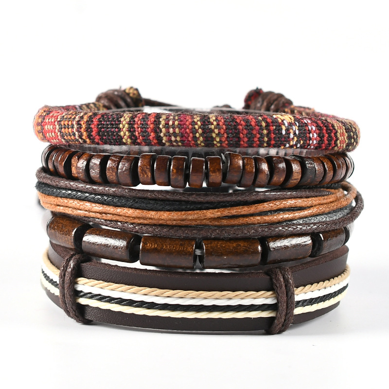 leather link chain men's and women's wooden bead ethnic tribe Adjustable bracelet