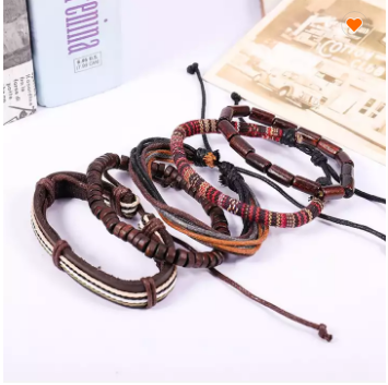 leather link chain men's and women's wooden bead ethnic tribe Adjustable bracelet